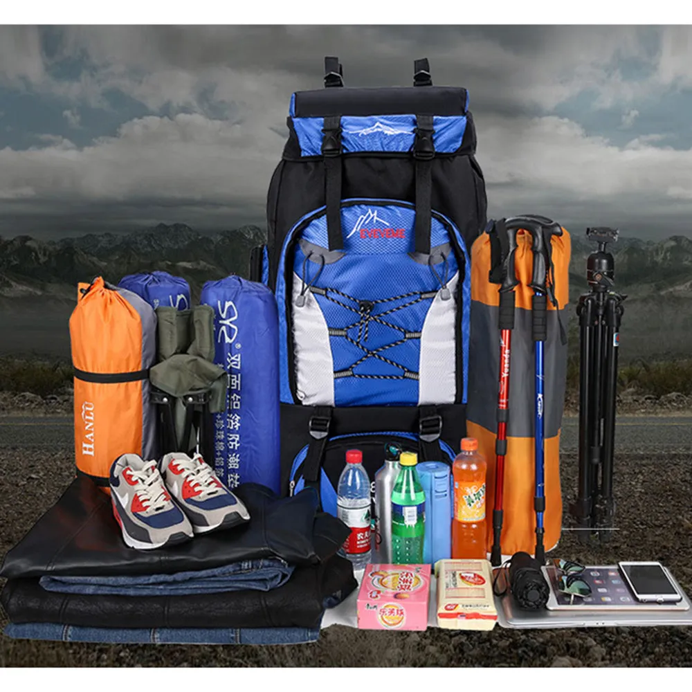 80L Outdoor Hiking Backpack Camping Rucksack Travel Trekking Day Pack Military Tactical Sport Shoulder Bag Large Capacity Blue