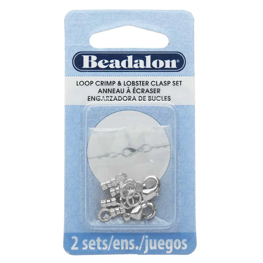 Beadalon Clasp Set, Lobster Clasp / Open Jump Ring / Loop Crimp fits 2mm Cord, Silver Tone (2 Sets)