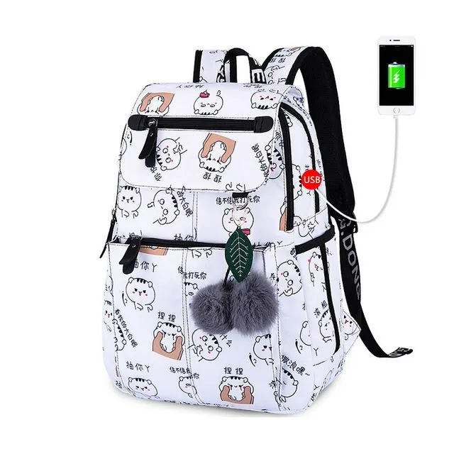 Large Capacity Cute School Backpack With Pompom Keychain