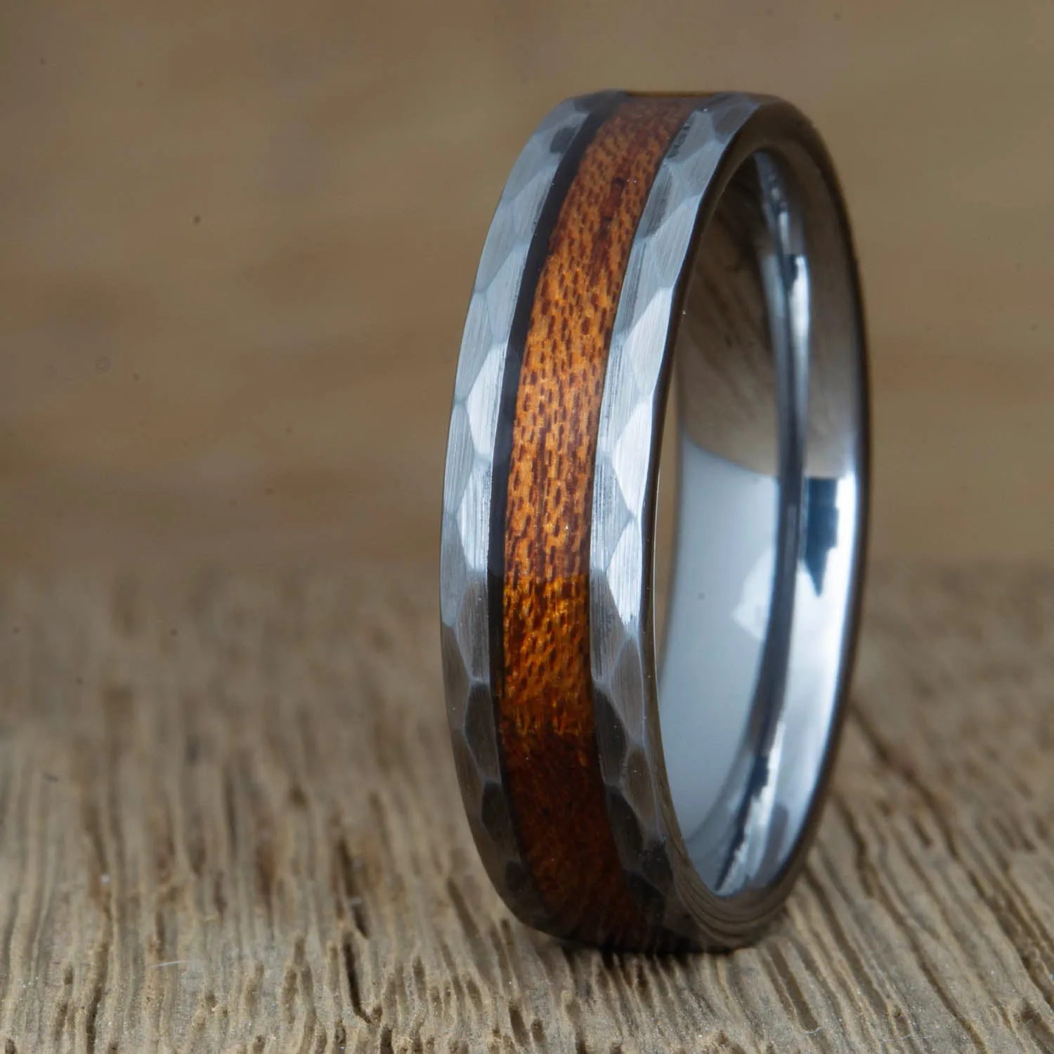 "Thor" Hammered tungsten ring with Acacia wood
