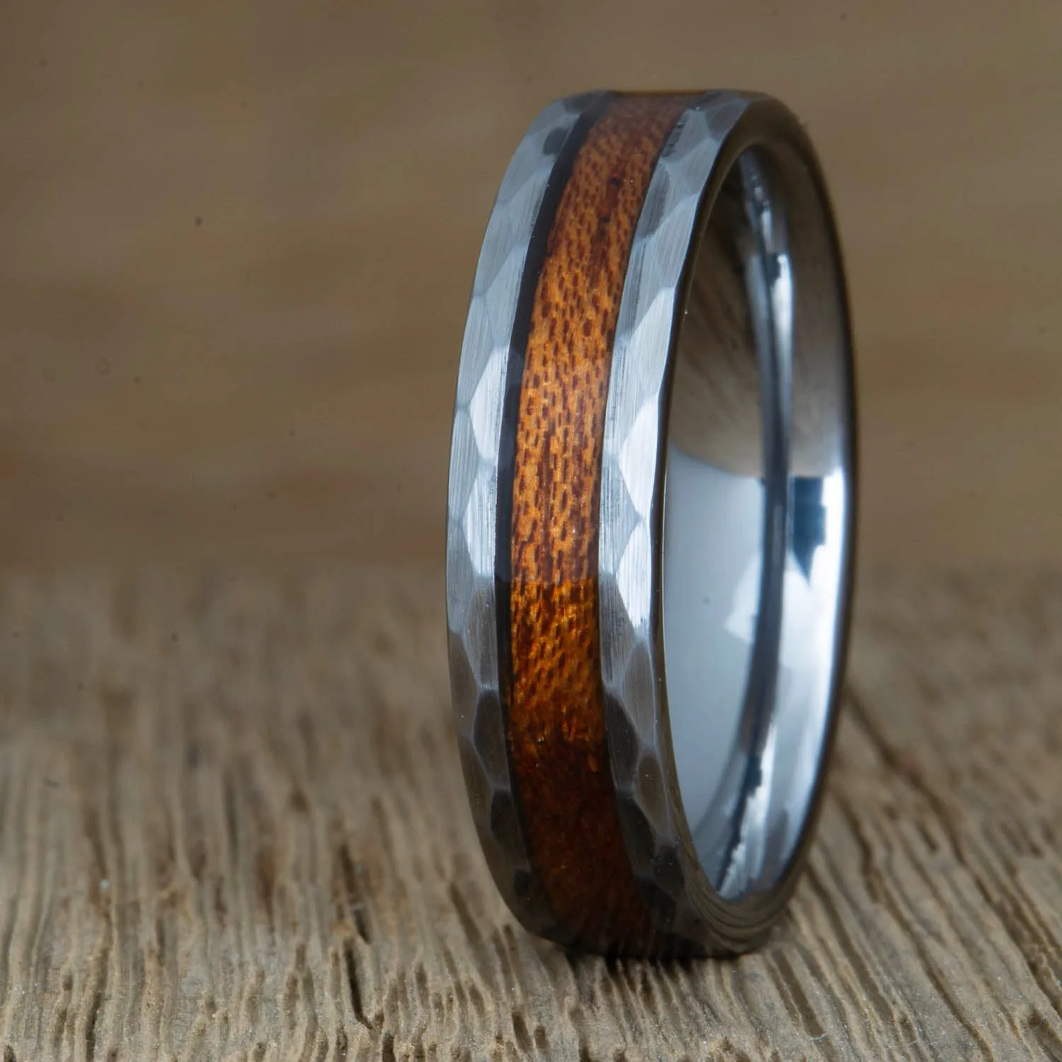 "Thor" Hammered tungsten ring with Acacia wood